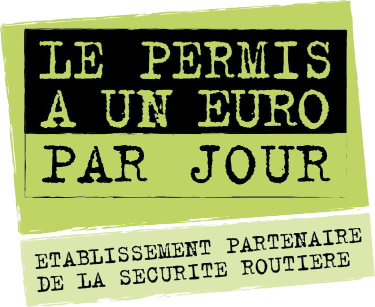 Logo du permis à 1 euro par jour, proposé par notre auto-école à La Rochelle pour faciliter l'accès au permis de conduire des jeunes de 15 à 25 ans.